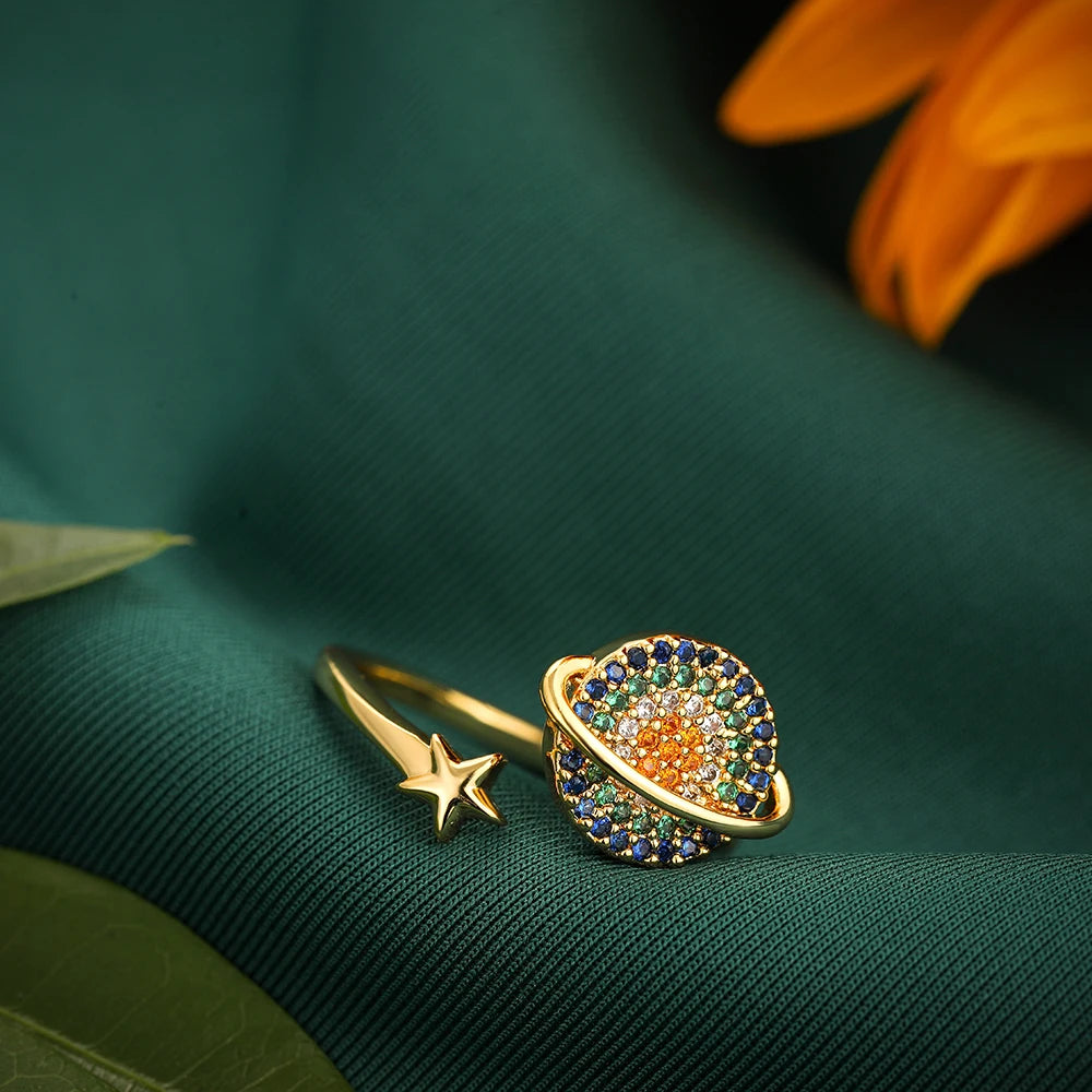 Rotatable CZ Crystal Sunflower Stress Relief Anxiety Open Rings for Women Adjustable Floral Gold Color Spinner Finger Rings Gift