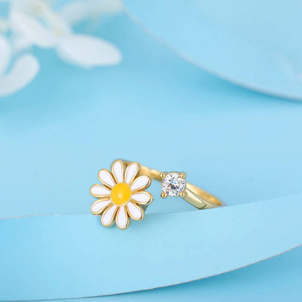 Rotatable CZ Crystal Sunflower Stress Relief Anxiety Open Rings for Women Adjustable Floral Gold Color Spinner Finger Rings Gift