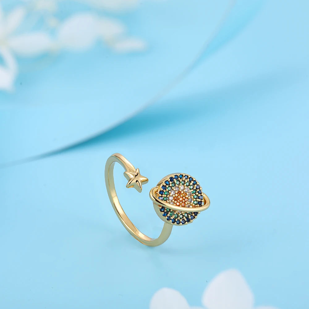 Rotatable CZ Crystal Sunflower Stress Relief Anxiety Open Rings for Women Adjustable Floral Gold Color Spinner Finger Rings Gift