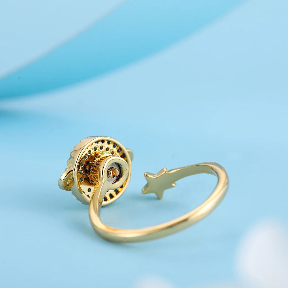 Rotatable CZ Crystal Sunflower Stress Relief Anxiety Open Rings for Women Adjustable Floral Gold Color Spinner Finger Rings Gift