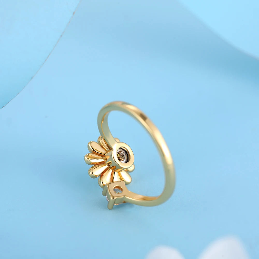 Rotatable CZ Crystal Sunflower Stress Relief Anxiety Open Rings for Women Adjustable Floral Gold Color Spinner Finger Rings Gift