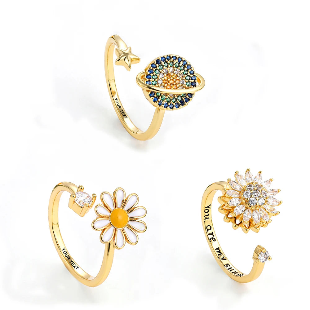 Rotatable CZ Crystal Sunflower Stress Relief Anxiety Open Rings for Women Adjustable Floral Gold Color Spinner Finger Rings Gift