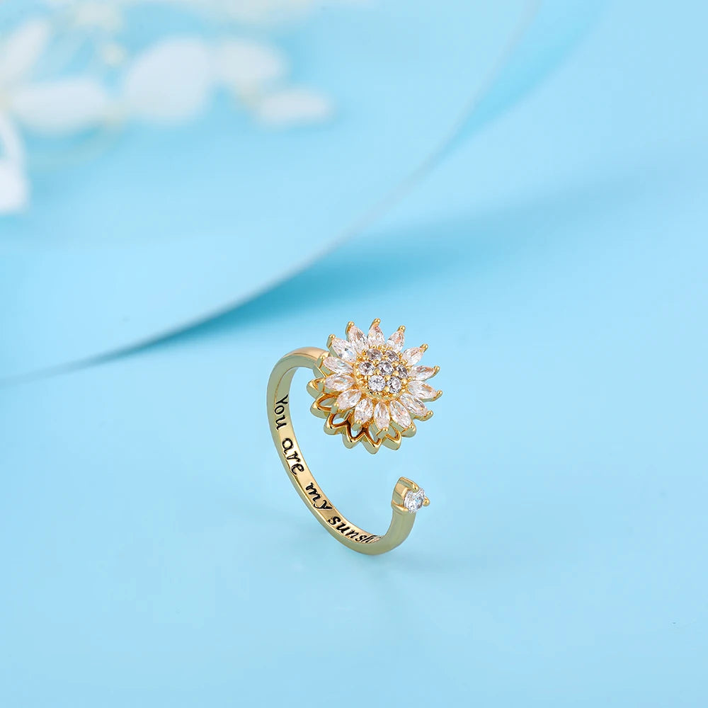 Rotatable CZ Crystal Sunflower Stress Relief Anxiety Open Rings for Women Adjustable Floral Gold Color Spinner Finger Rings Gift