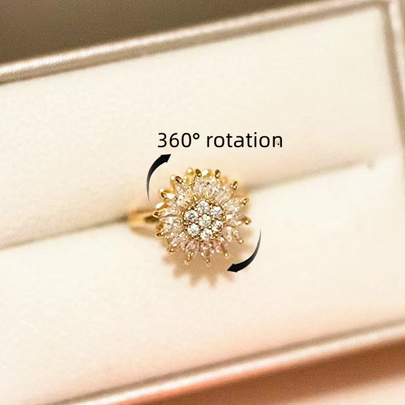 Rotatable CZ Crystal Sunflower Stress Relief Anxiety Open Rings for Women Adjustable Floral Gold Color Spinner Finger Rings Gift