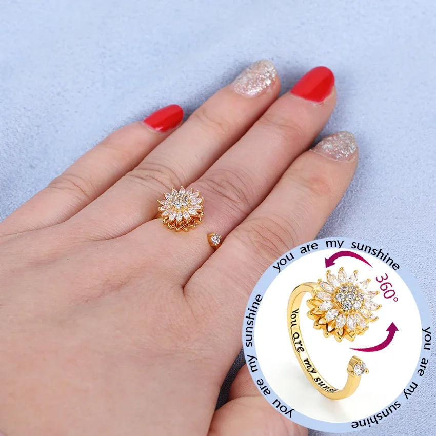 Rotatable CZ Crystal Sunflower Stress Relief Anxiety Open Rings for Women Adjustable Floral Gold Color Spinner Finger Rings Gift