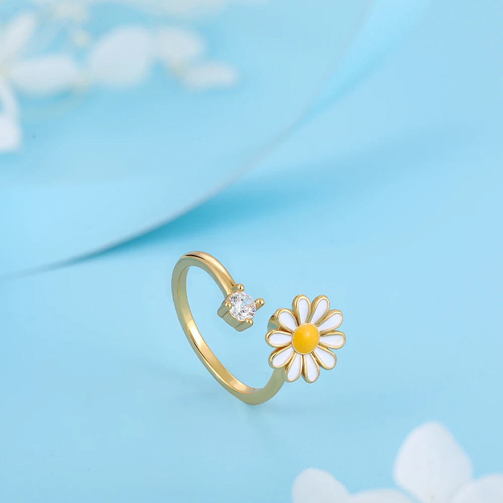 Rotatable CZ Crystal Sunflower Stress Relief Anxiety Open Rings for Women Adjustable Floral Gold Color Spinner Finger Rings Gift