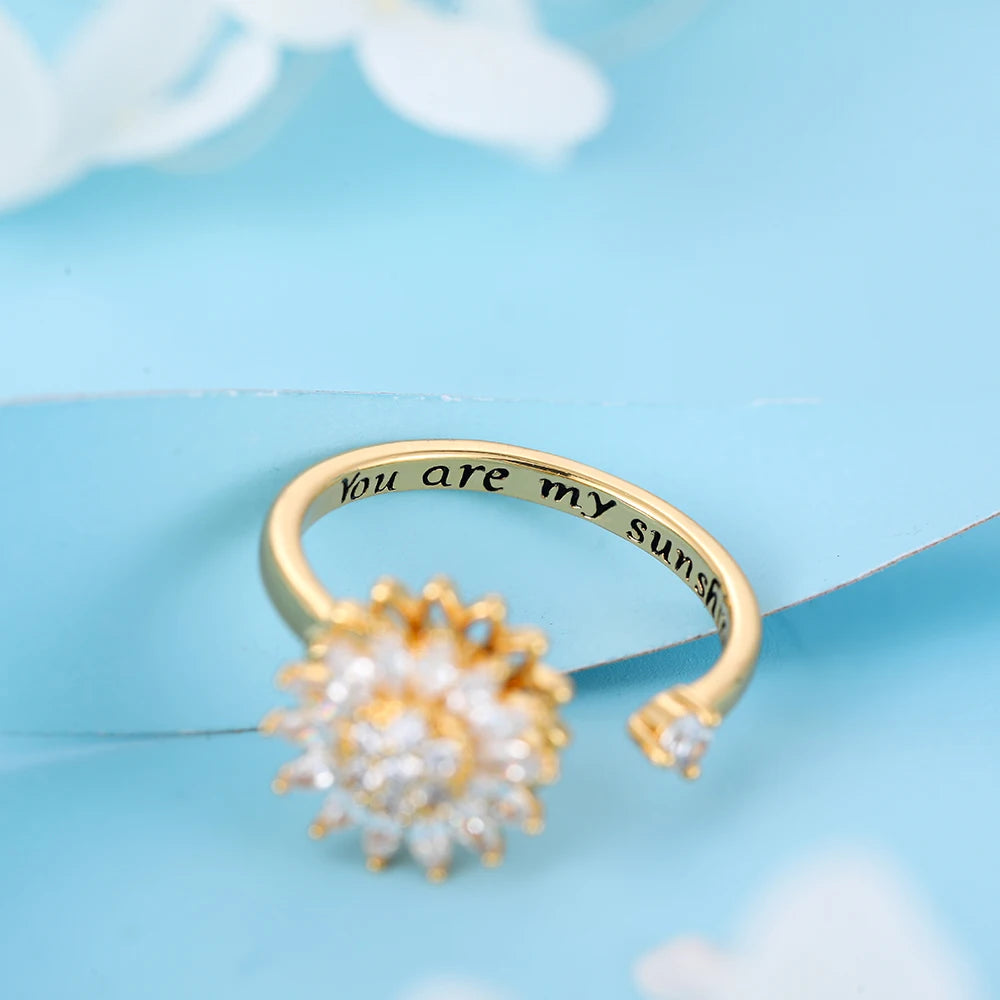 Rotatable CZ Crystal Sunflower Stress Relief Anxiety Open Rings for Women Adjustable Floral Gold Color Spinner Finger Rings Gift