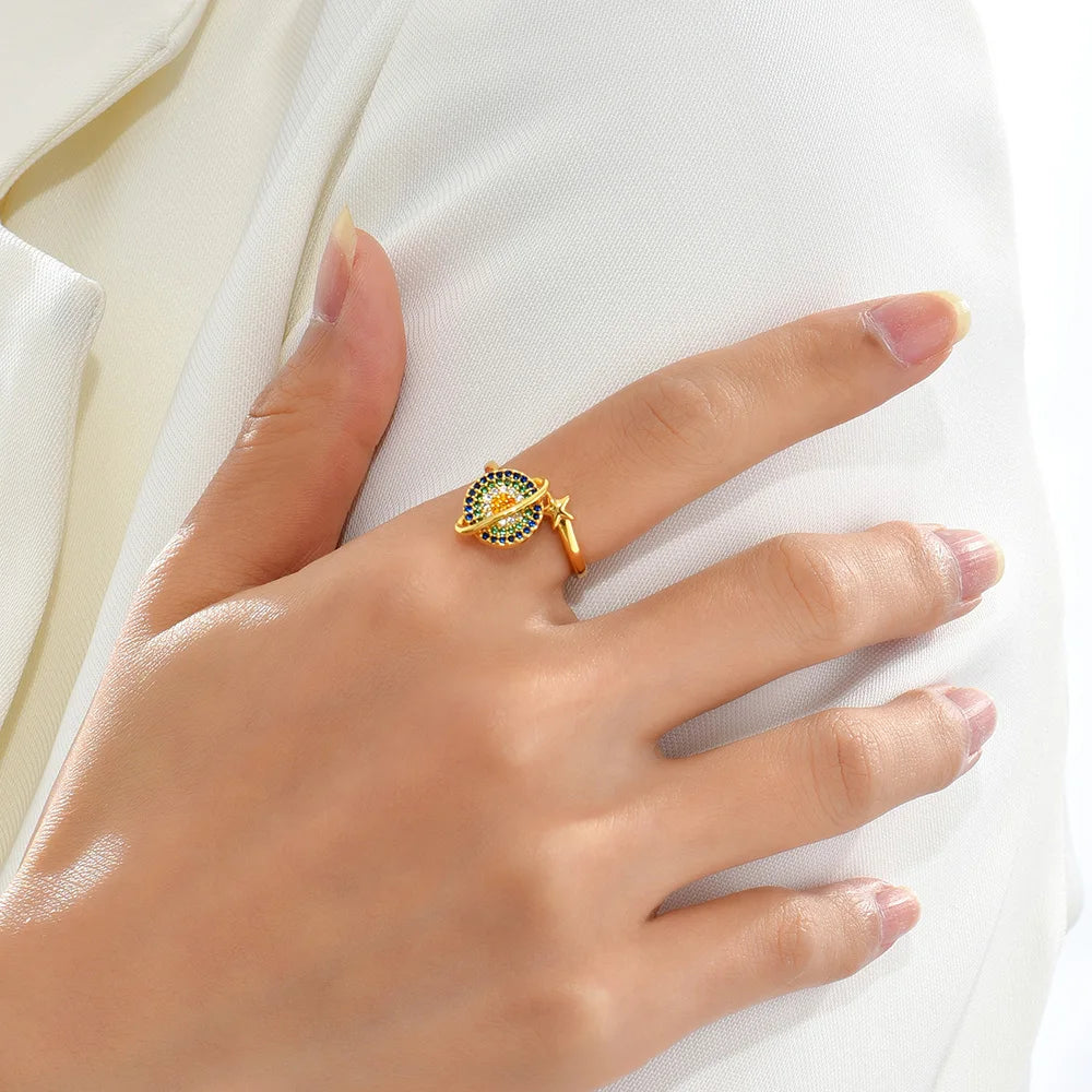Rotatable CZ Crystal Sunflower Stress Relief Anxiety Open Rings for Women Adjustable Floral Gold Color Spinner Finger Rings Gift
