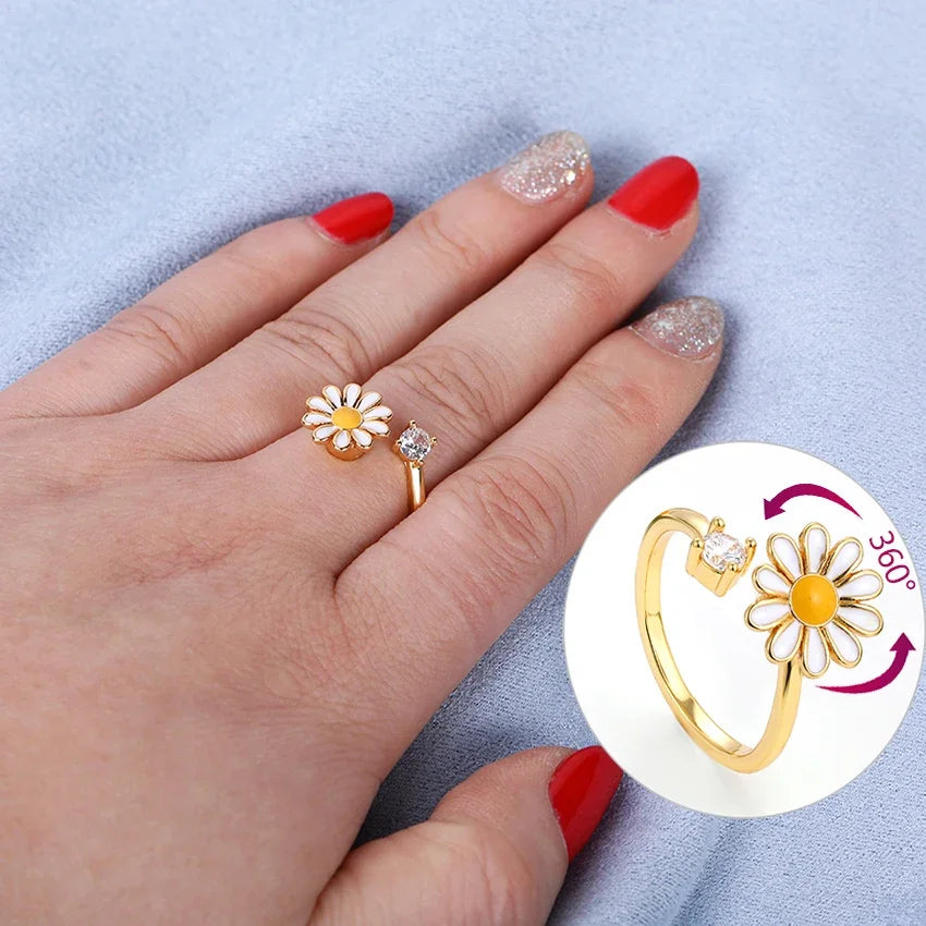 Rotatable CZ Crystal Sunflower Stress Relief Anxiety Open Rings for Women Adjustable Floral Gold Color Spinner Finger Rings Gift