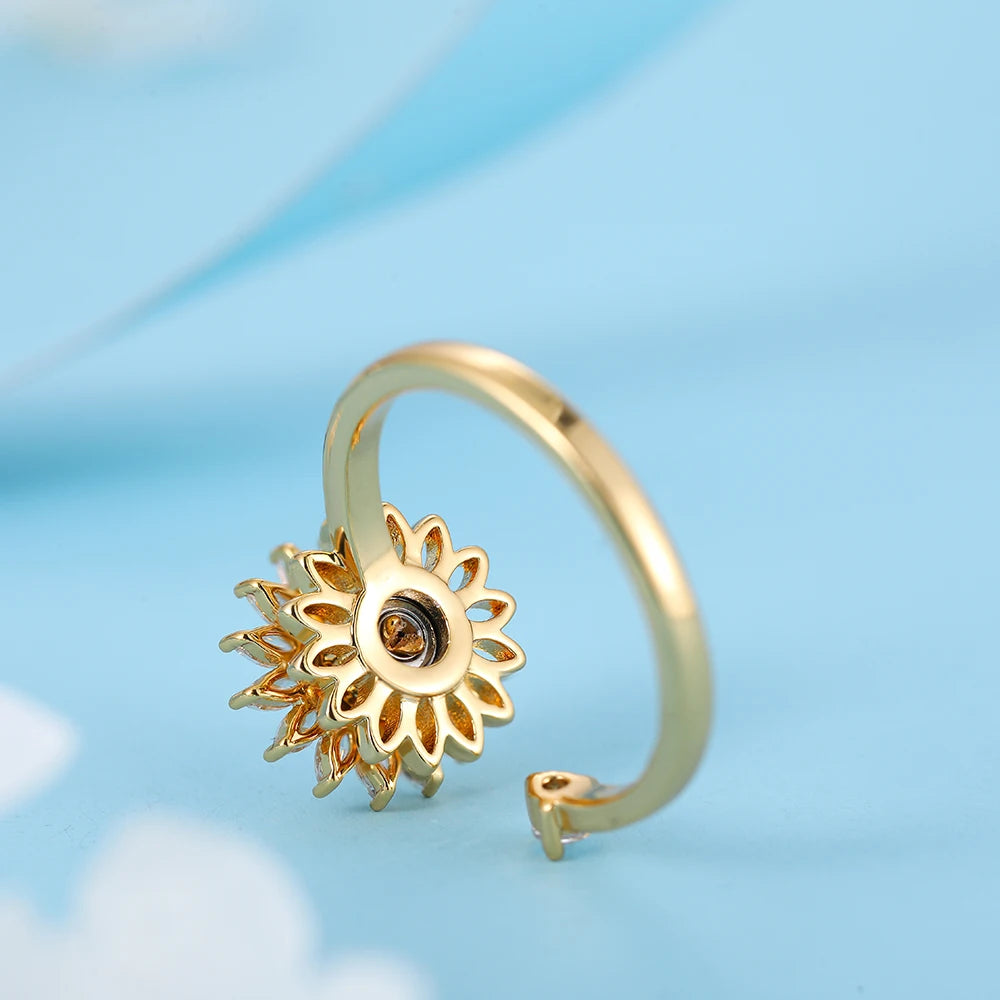 Rotatable CZ Crystal Sunflower Stress Relief Anxiety Open Rings for Women Adjustable Floral Gold Color Spinner Finger Rings Gift
