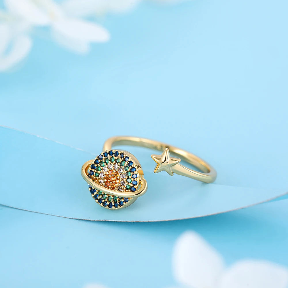 Rotatable CZ Crystal Sunflower Stress Relief Anxiety Open Rings for Women Adjustable Floral Gold Color Spinner Finger Rings Gift