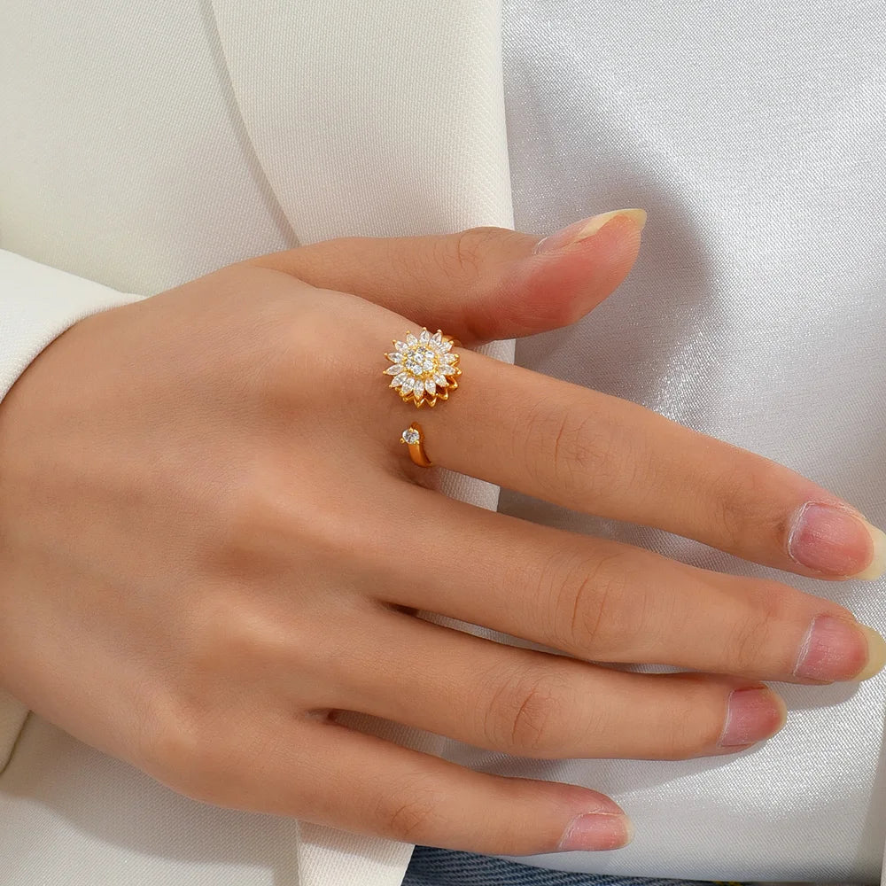 Rotatable CZ Crystal Sunflower Stress Relief Anxiety Open Rings for Women Adjustable Floral Gold Color Spinner Finger Rings Gift