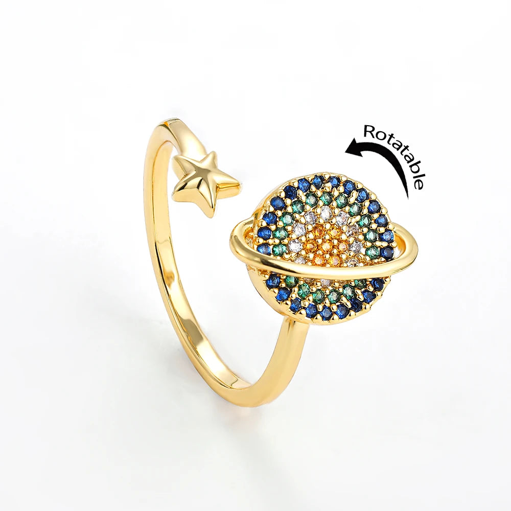 Rotatable CZ Crystal Sunflower Stress Relief Anxiety Open Rings for Women Adjustable Floral Gold Color Spinner Finger Rings Gift